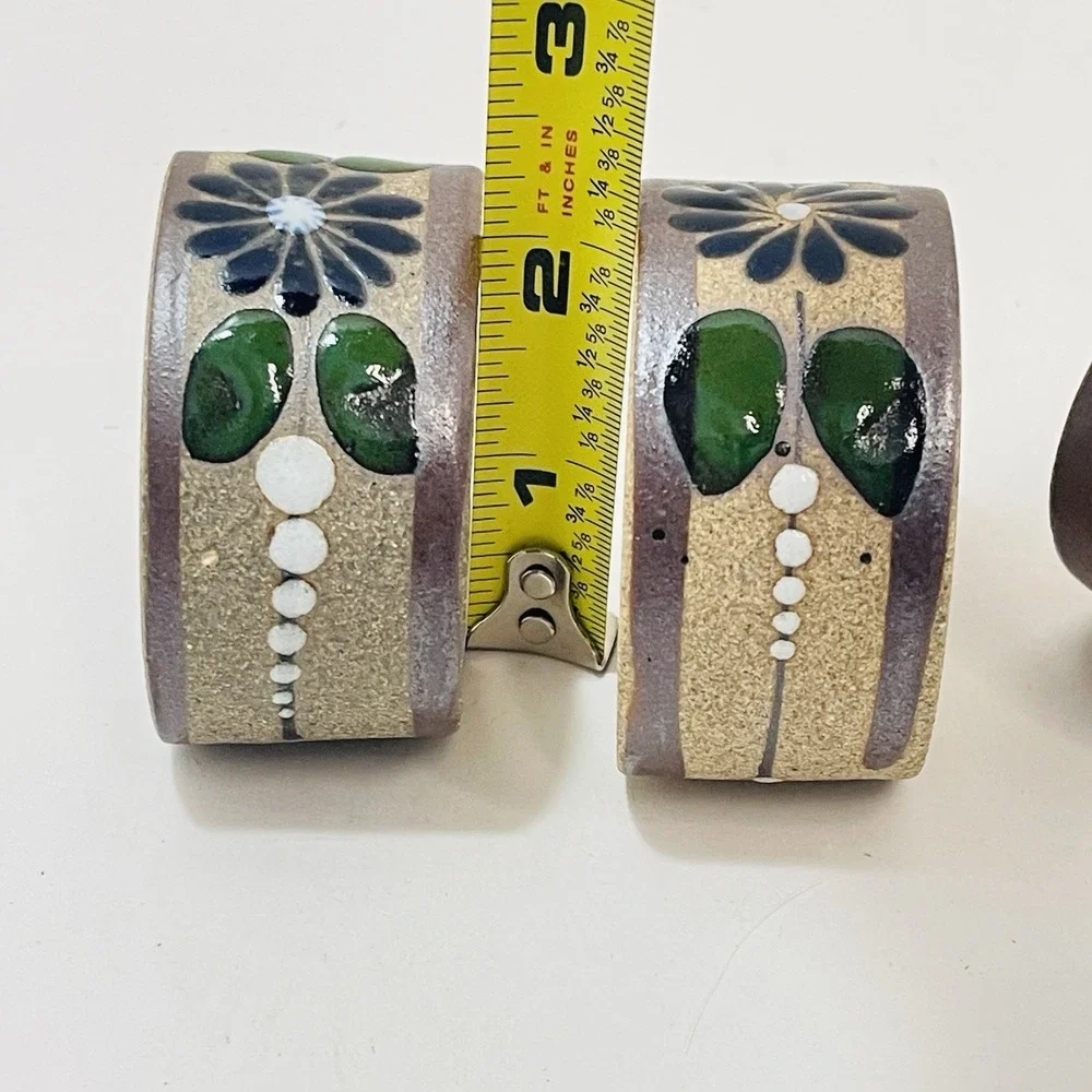 Mexican Tonala Pottery Napkin Rings Flower Rust Green Leaves  - Set‎ of 4